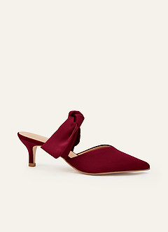 front Matching Color Stretch Satin Bow Pointed Toe Kitten Heel Mules