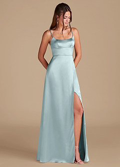 Azazie Halsey Bridesmaid Dresses Mist A-Line Side Slit Metallic Satin Dress image1