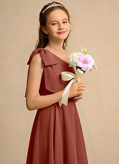 Azazie Guppy Girls Formal Flower Girl Dresses Auburn A-Line One Shoulder Chiffon Dress image4