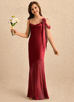Azazie Kai Girls Formal Robe Demoiselle D'honneur Fillette Robe Fourreau en Satin extensible Plissée Écarlate image3