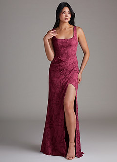 Azazie Mero Bridesmaid Dresses Burgundy Sheath Pleated Floral Burnout Dress image1
