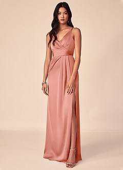 Azazie Aqua Ready to Ship Coral Stretch Satin Bridesmaid Dresses