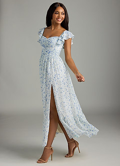 Azazie Anaya Bridesmaid Dresses Blue And White Ditsy Floral A-Line Pleated Chiffon Dress image1