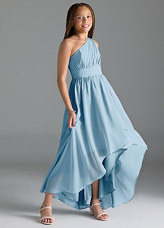 Azazie Mathilda Junior Robe Trapèze en Mousseline de soie Plissée Bleu Ciel image3