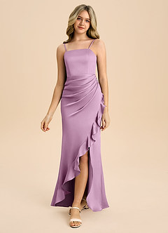 Azazie Buzzy Junior Osłona Pofałdowany Satyna elastyczna Długość podłogi Młodsza druhna Sukienka image5