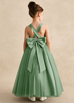 Azazie Peanut Robe Demoiselle D'honneur Fillette Robe Trapèze en Tulle Bretelle Matcha image1