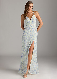 Azazie Becca Robes de demoiselle d'honneur Robe Fourreau en Mousseline de soie Col en V Floral Azur image1