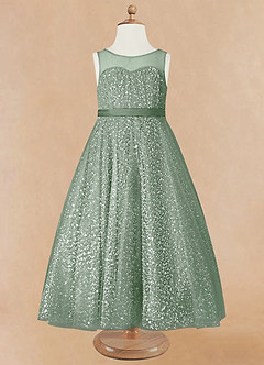 Azazie Siwa Blumenmädchenkleider A-Linie Mit Perlen Tüll Kleid Matcha image5