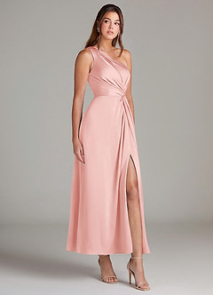 Azazie Brooke Robes de demoiselle d'honneur Robe Trapèze en Satin extensible Une épaule Rose Poudré image4