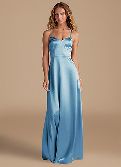 Azazie Mei Bridesmaid Dresses Steel Blue A-Line Metallic Satin Dress image3