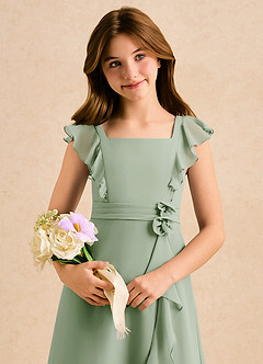 Azazie Soso Jurken voor bloemenmeisjes A-Lijn Jurk van Chiffon Geplooid Stoffige Salie image6