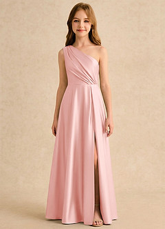 Azazie Puddles Girls Formal Flower Girl Dresses Powder Pink A-Line One Shoulder Stretch Satin Dress image6