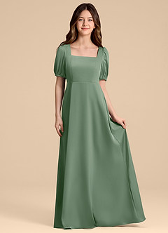 Azazie Briar Junior Vestido de Matcha de Satén Elástico de Corte en A con Lazo image4