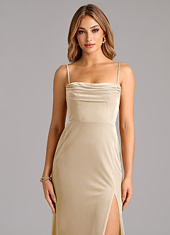 Azazie Saige Bridesmaid Dresses Champagne Sheath Off the Shoulder Velvet Convertible Dress image3