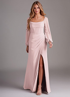 Azazie Charissa Bridesmaid Dresses Blushing Pink Sheath Long Sleeve Chiffon Dress image3