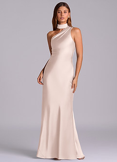 Azazie Seona Robes de demoiselle d'honneur Robe Sirène en Satin extensible Une épaule Rose Pâle image1