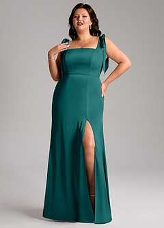 Azazie Frostine Bridesmaid Dresses Peacock A-Line Bow Stretch Satin Dress image9