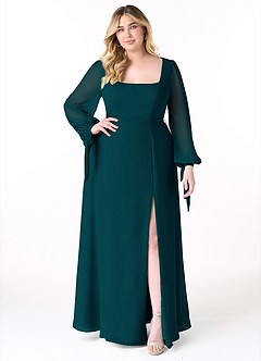 Azazie Leonia Bridesmaid Dresses Pine A-Line Long Sleeve Chiffon Dress image8