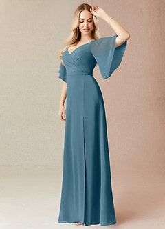 Azazie Cierra Brautjungfernkleider A-Linie V-Hals Chiffon Kleid Bermudablau image4