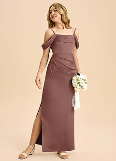 Azazie Saige Junior Robe Fourreau en Satin extensible Épaule décolletée Expresso image5