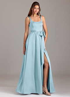 Azazie Elliott Bridesmaid Dresses Sky Blue A-Line with Pockets Stretch Satin Dress image1