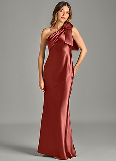 Azazie Yuanna Bridesmaid Dresses Terracotta Mermaid One Shoulder Metallic Satin Dress image4