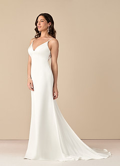 Azazie Adana Wedding Dresses Diamond White Mermaid Lace Stretch Satin Dress image2