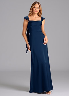 Azazie Adi Bridesmaid Dresses Dark Navy A-Line Pleated Stretch Satin Dress image1