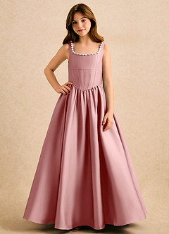 Azazie Enid Girls Formal Abiti da Ragazza di Fiori Abito A-Line in Raso Elasticizzato Con perline Rosa Polverosa image4