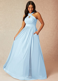 Azazie Hillian Bridesmaid Dresses Sky Blue A-Line Halter Pleated Mesh Dress image1