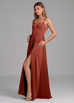 Azazie Rosaline Bridesmaid Dresses Terracotta A-Line Side Slit Stretch Satin Dress image5