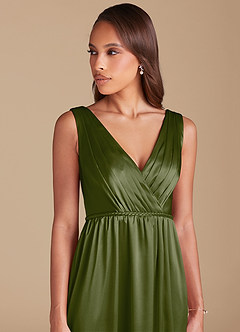 Azazie Tanicia Bridesmaid Dresses Olive A-Line Pleated Metallic Satin Dress image2