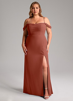 Azazie Saige Vestidos de madrinha de casamento Vestir Castanho Aloirado de Chiffon de Linha A com Fora do ombro image14