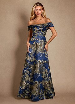 Azazie Marceline Mother of the Bride Dresses Navy Floral A-Line Off the Shoulder Jacquard Dress image2