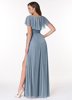 Azazie Jael Robes de demoiselle d'honneur Robe Trapèze en Maille Col en V Bleu Poussiéreux image2