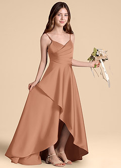 Azazie Prisha Junior Abito A-Line in Raso Elasticizzato Plissettato Bronzo image8