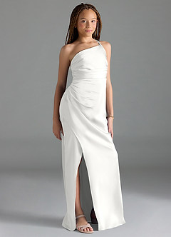 Azazie Eren Junior Vestido Branco de Cetim elástico de Bainha com Plissado image4