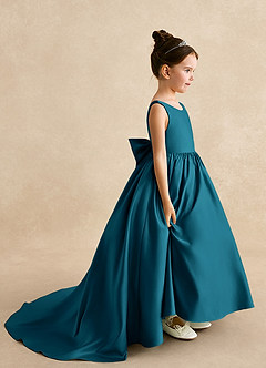 Azazie Mimia Robe Demoiselle D'honneur Fillette Robe Trapèze en Mat Satiné Arc Bleu Encre image1