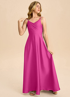 Azazie Bug Junior Linia A Pofałdowany Satyna elastyczna Długość podłogi Młodsza druhna Sukienka image4