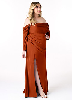 Azazie Hallie Robes de demoiselle d'honneur Robe Fourreau Convertible en Satin extensible Schulterfreies Langarmshirt Paprika image11