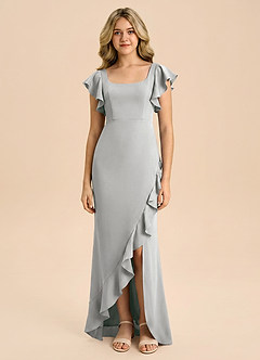 Azazie Demi Junior Silver Mermaid Bow Stretch Satin Dress image3