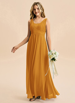 Azazie Odette Junior Robe Trapèze en Mousseline de soie Encolure en Forme de Cœur Caramel écossais image1