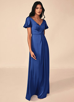 Azazie Soren Bridesmaid Dresses Royal Blue A-Line Pleated Stretch Satin Dress image4
