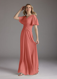 Azazie Morning Glory Mother of the Bride Dresses Salmon Pink A-Line V-Neck Ruched Chiffon Dress image4