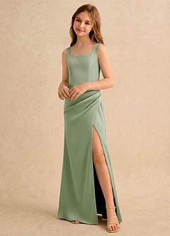 Azazie Noah Girls Formal Jurken voor bloemenmeisjes Kolom Jurk van Stretch Satijn Geplooide Stoffige Salie image5