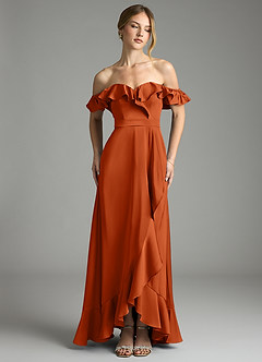 Azazie Lyra Bridesmaid Dresses Burnt Orange A-Line Off the Shoulder Stretch Satin Convertible Dress image1