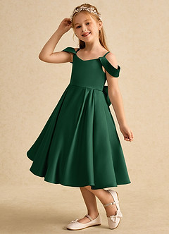 Azazie Favia Flower Girl Dresses Dark Green A-Line Off the Shoulder Matte Satin Dress image6