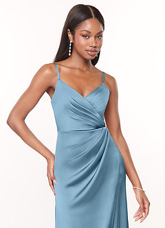 Azazie Maci Bridesmaid Dresses Steel Blue A-Line V-Neck Pleated Stretch Satin Dress image5