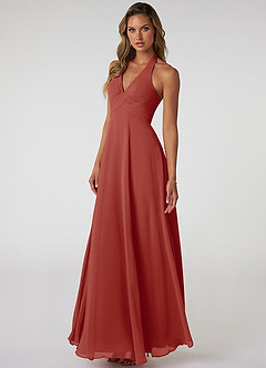 Azazie Tessie Bridesmaid Dresses Terracotta A-Line V-Neck Pleated Chiffon Dress image3