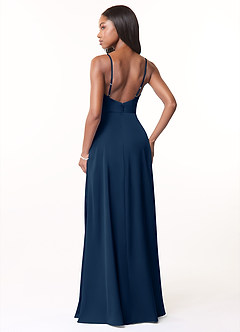 Azazie Brielle Robes de demoiselle d'honneur Robe Trapèze en Satin extensible Bretelles spaghetti Bleu Marine Foncé image2